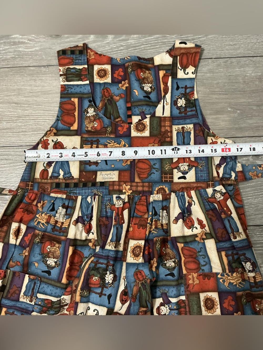 🎃Handmade Autumn Folk Art Scarecrow Jackolantern Harvest Pinafore Dress aprox S - Picture 8 of 8